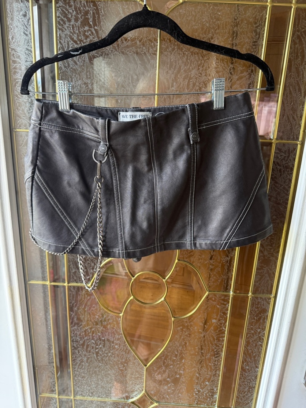 We The Free Black Faux Leather Mini Skirt with Chain Accent
